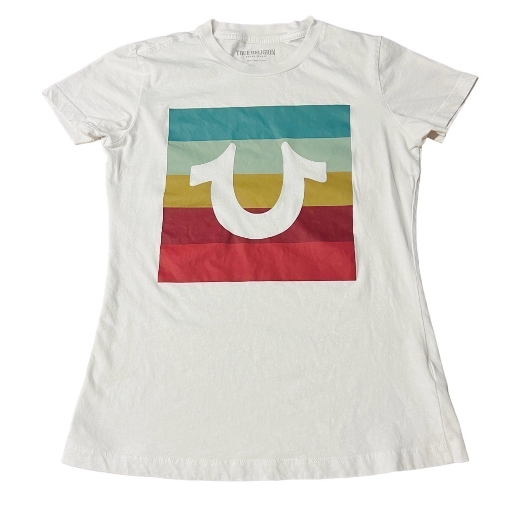 TRUE RELIGION WHITE SHORT SLEEVE FITTED TEE SIZE SMALL WITH COLORFUL LOGO